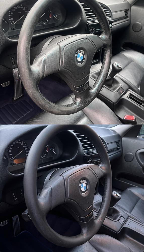 Volant BMW avant et après nettoyage — précision Lustr'o Detailing